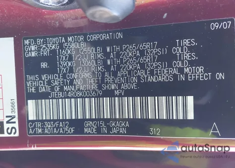 2008 Toyota 4Runner Sr5 V6 from USA, damaged, VIN JTEBU14R08K003679